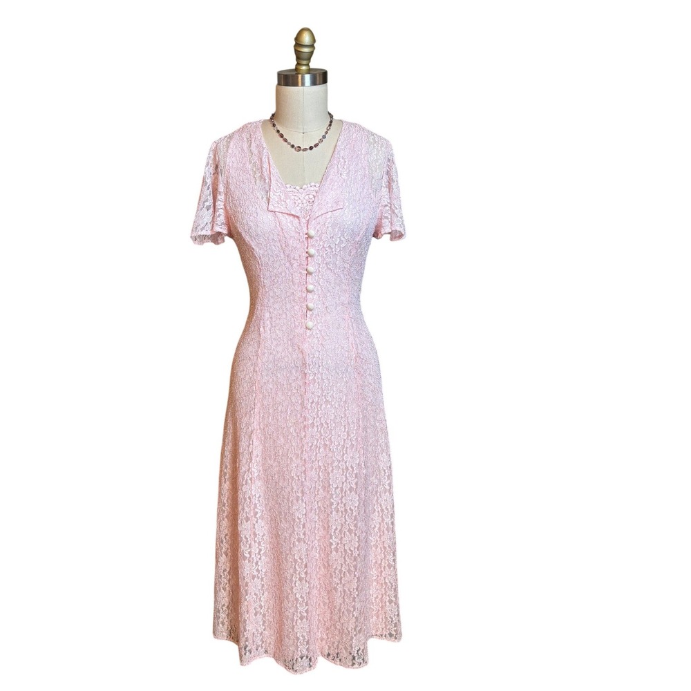 Vintage 90s Dawn Joy Fashions Lace Midi Dress Womens 6 Pink Vintage Corset Back